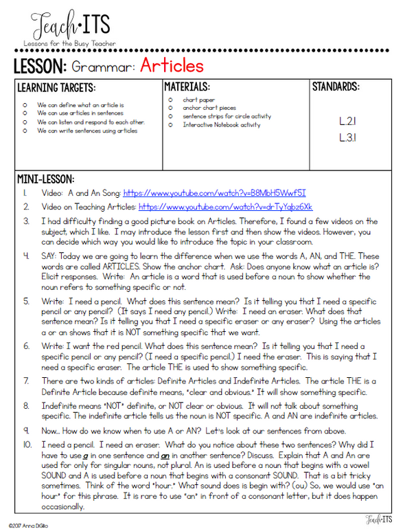 Article Lesson.pdf Articles Lesson Plan – Simply Skilled Teaching